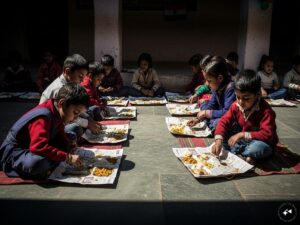 On Republic Day, food was served to children on the pages of books in a government school.